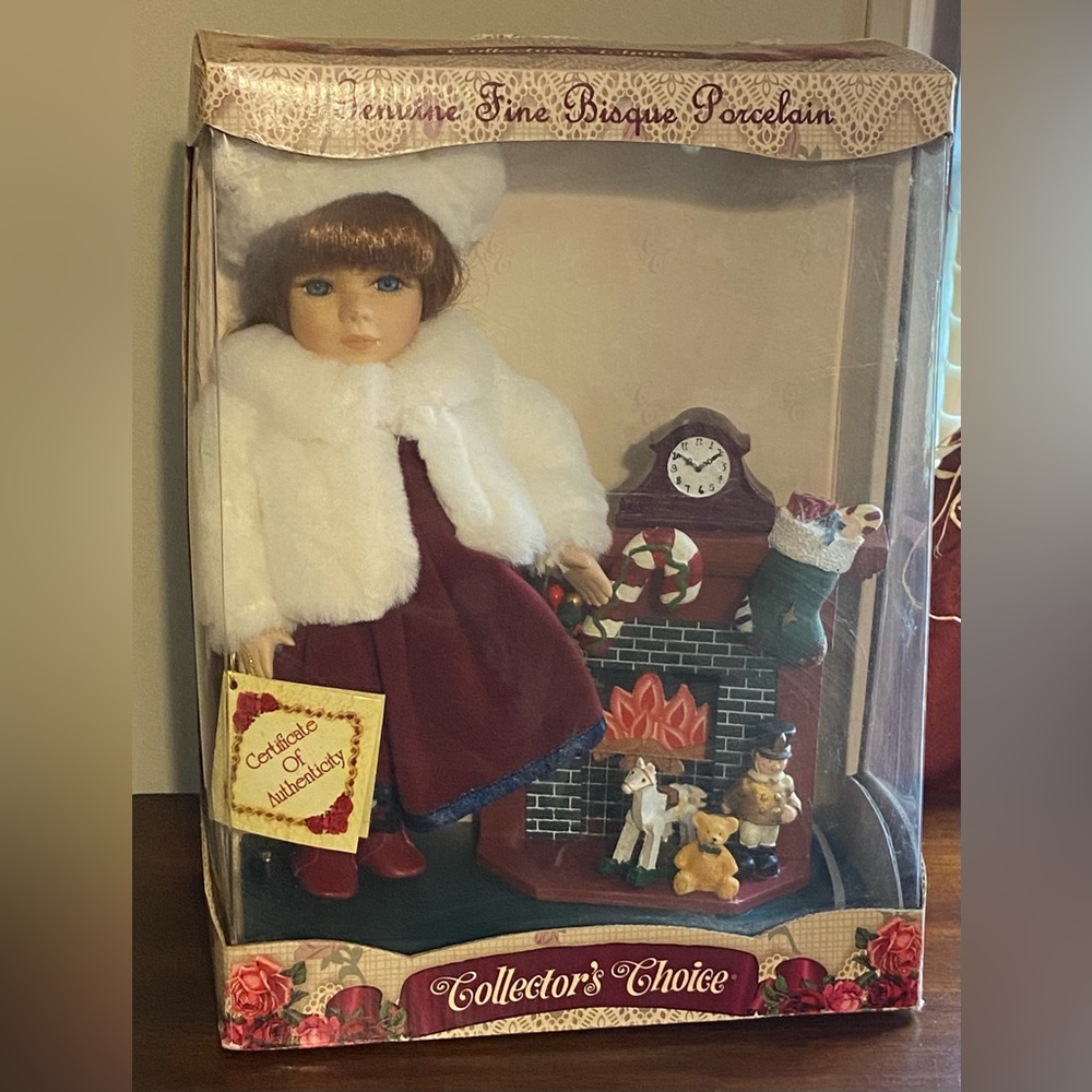 Christmas Bisque Porcelain Doll with Fireplace Collector’s Choice